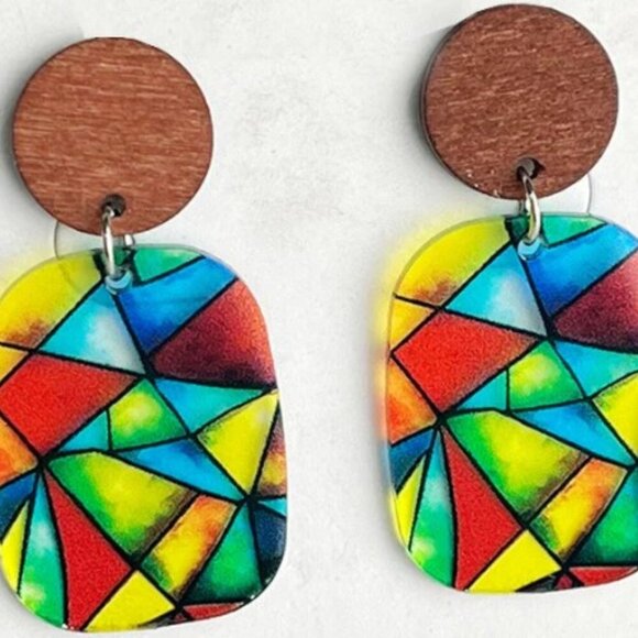 Bohemian Rainbow Festival Shine Bright Acrylic Color Dangle Earrings Wood Studs - Picture 1 of 4